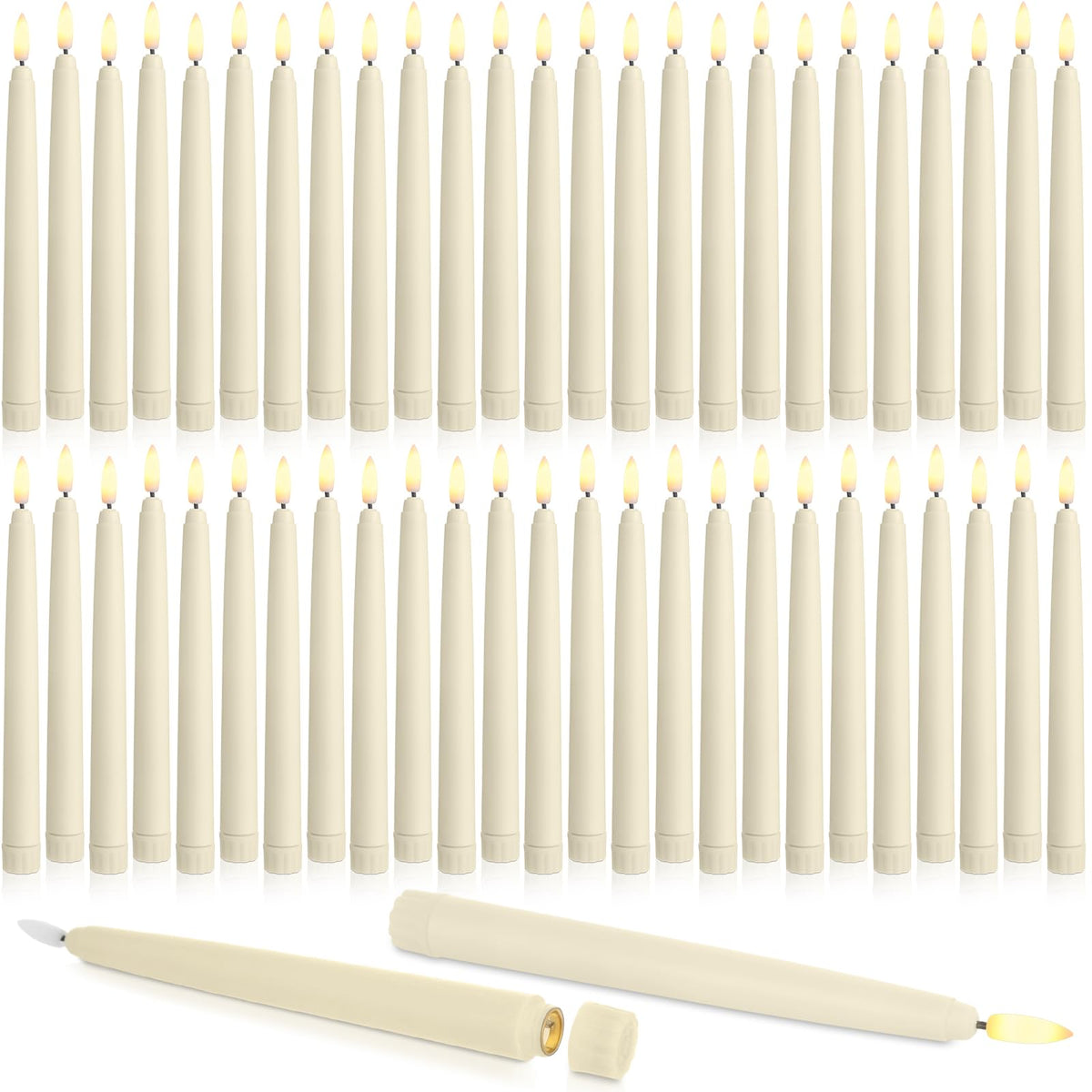 Baquler 50 Pcs Flameless Taper Candles LED Taper Candles Flickering Bulk Ivory LED Candlestick for Easter Wedding Church Halloween Christmas Party Decor Table Centerpiece, 8.5 in, No Batteries