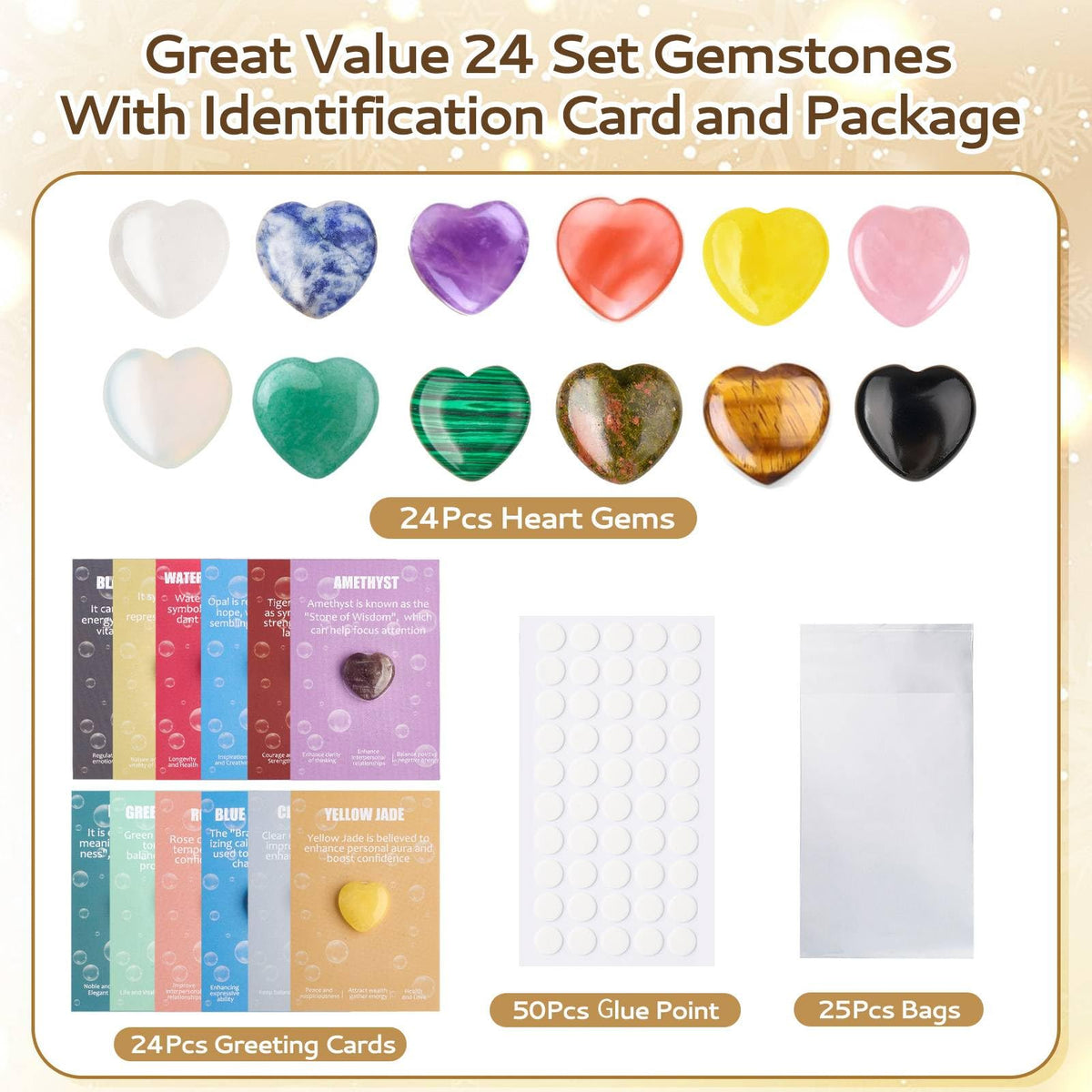 UU UNIHOM 24 Pcs Crystals Heart Healing Stones for Valentines Day Party Gift Crystal Heart Shaped Rocks Gemstones with Greeting Cards for Meditation Balancing Chakra Reiki Spiritual Christmas Gifts