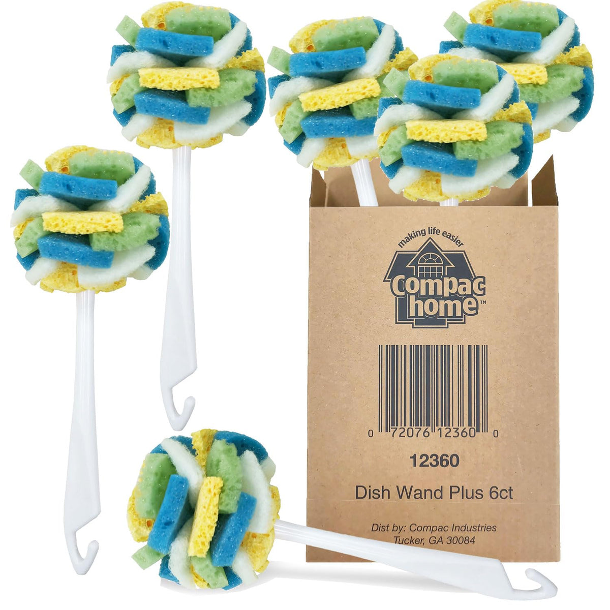 Compac Home Dish SpongeWand Plus Tri Surface Scrubbing Sponge with Cello Foam Scour Sponge Petals, Cleans Dishes, Glassware 360 Scrubber Pads for Tough to Clean Pots Pans, Multi-Color, (Pack of 6)