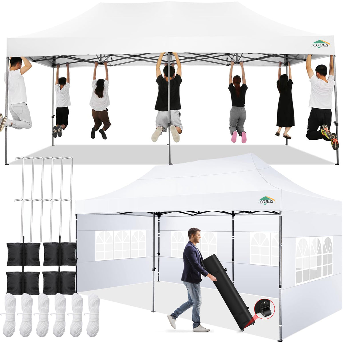 COBIZI 10x20 Pop up Canopy Tent 10x20 Canopy with 6 Sidewalls Waterproof Heavy Duty Commercial Canopy Tent for Parties Outdoor Garden Gazebo, Carry Bag with Wheel(10x20ft, White)