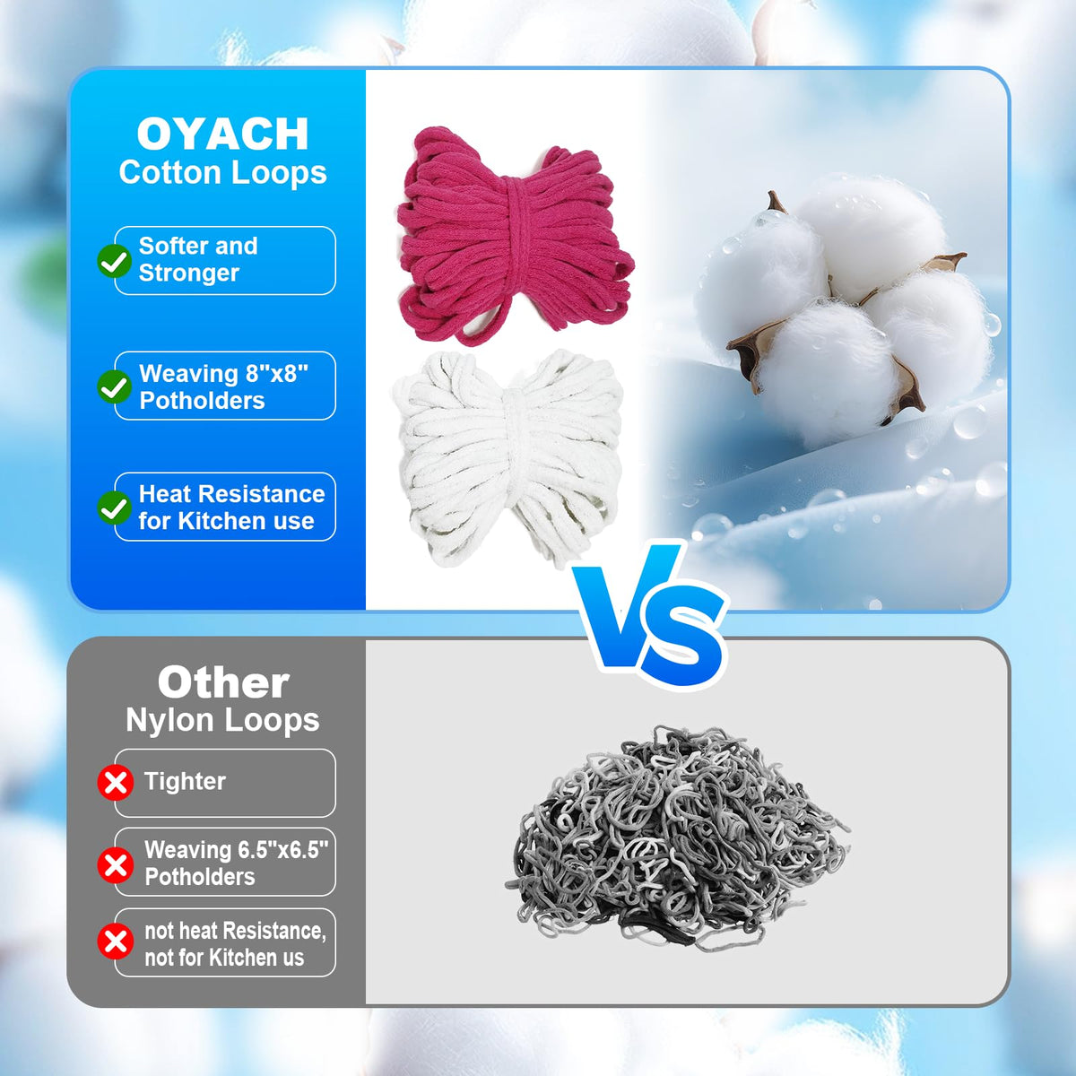 OYACH 440pcs 10 inch Cotton Weaving Loom Refill Loops,11 Colors Rainbow Potholder Loom Loop Bands,Weaving Pot Holder Refill Loops DIY Crafts for Adults Kids,8pcs 8" Potholders(Loom not Included)