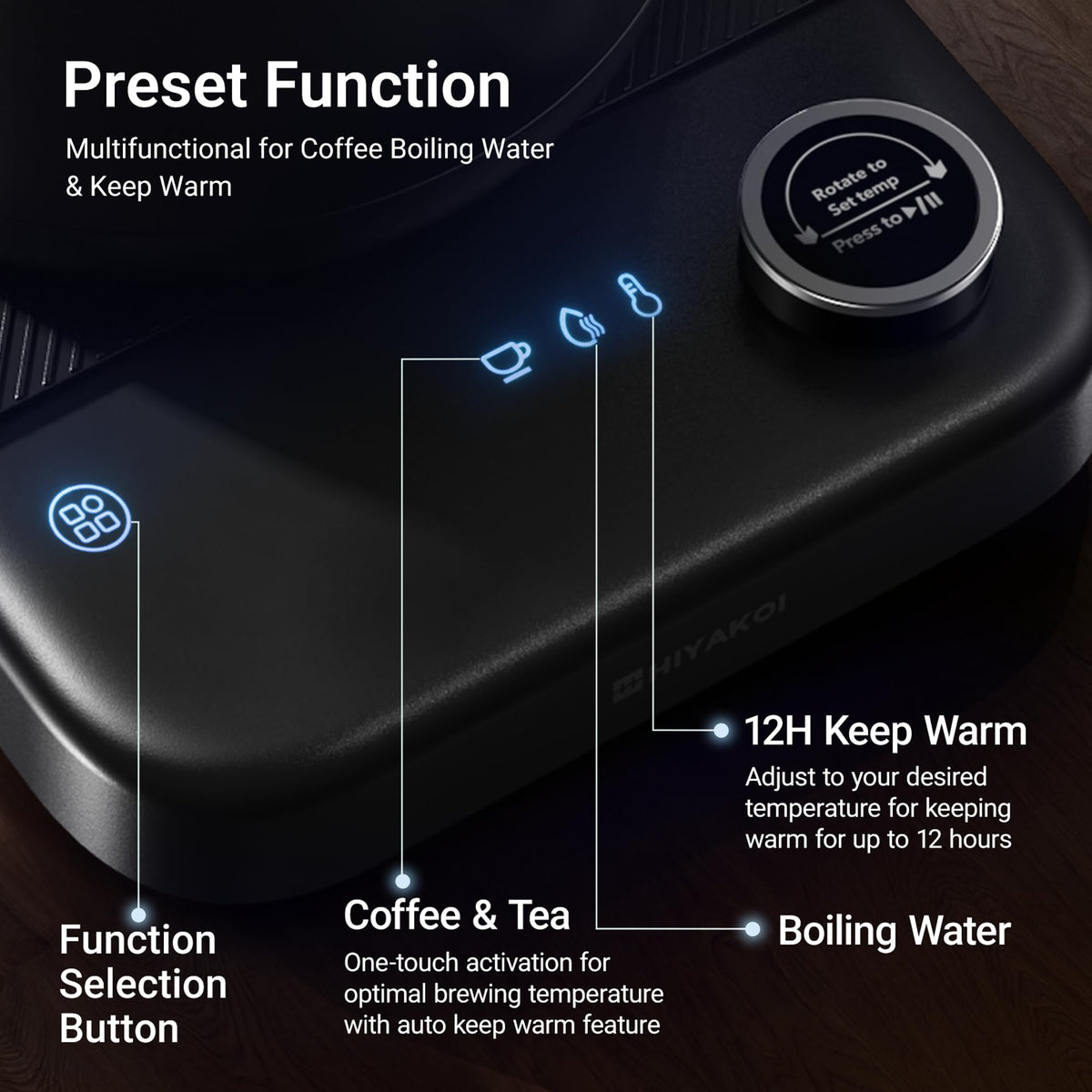 Gooseneck Electric Kettle HIYAKOI with ±1℉ Temperature Control, Pour Over Kettle for Coffee & Tea, 1200W Rapid Heating, Stainless Steel Water Boiler with 12H Keep Warm & Built-in Timer, 0.8L/27oz