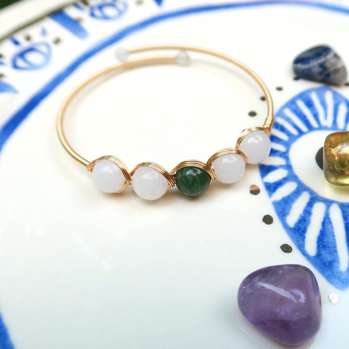 PSEEHEE Handmade Genuine Jade Bracelet 14k Gold Filled Wire Wrapped, Feng-shui Stone Chakra Healing Gemstone Crystal Beads Adjustable Bangle Cuff Jewelry Gift for Women