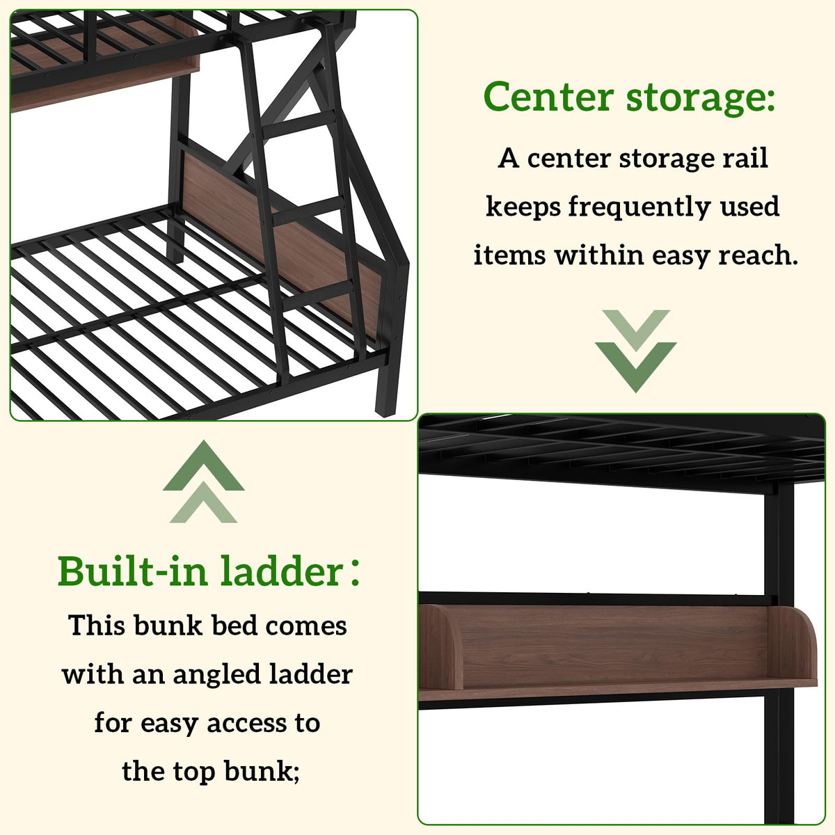 HKOLIE Twin XL Over Queen Bunk Bed with Storage Shelves & LED Lights, Heavy Duty Metal Bunk Bed Frame with Stairs, Noise-Free Design, Space-Saving Bed with Guardrails for Kids, Teens & Adults, Black