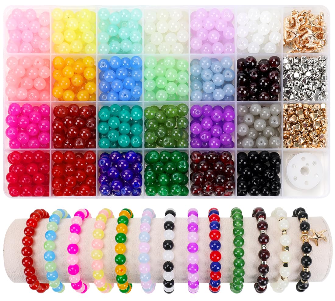 TrynJive 700pcs Glass Beads for Crafts– 24 Colors 8mm Crystal Glass Beads with Gold & Silver Spacer Beads and Elastic String for Bracelets, Necklace & DIY Crafts