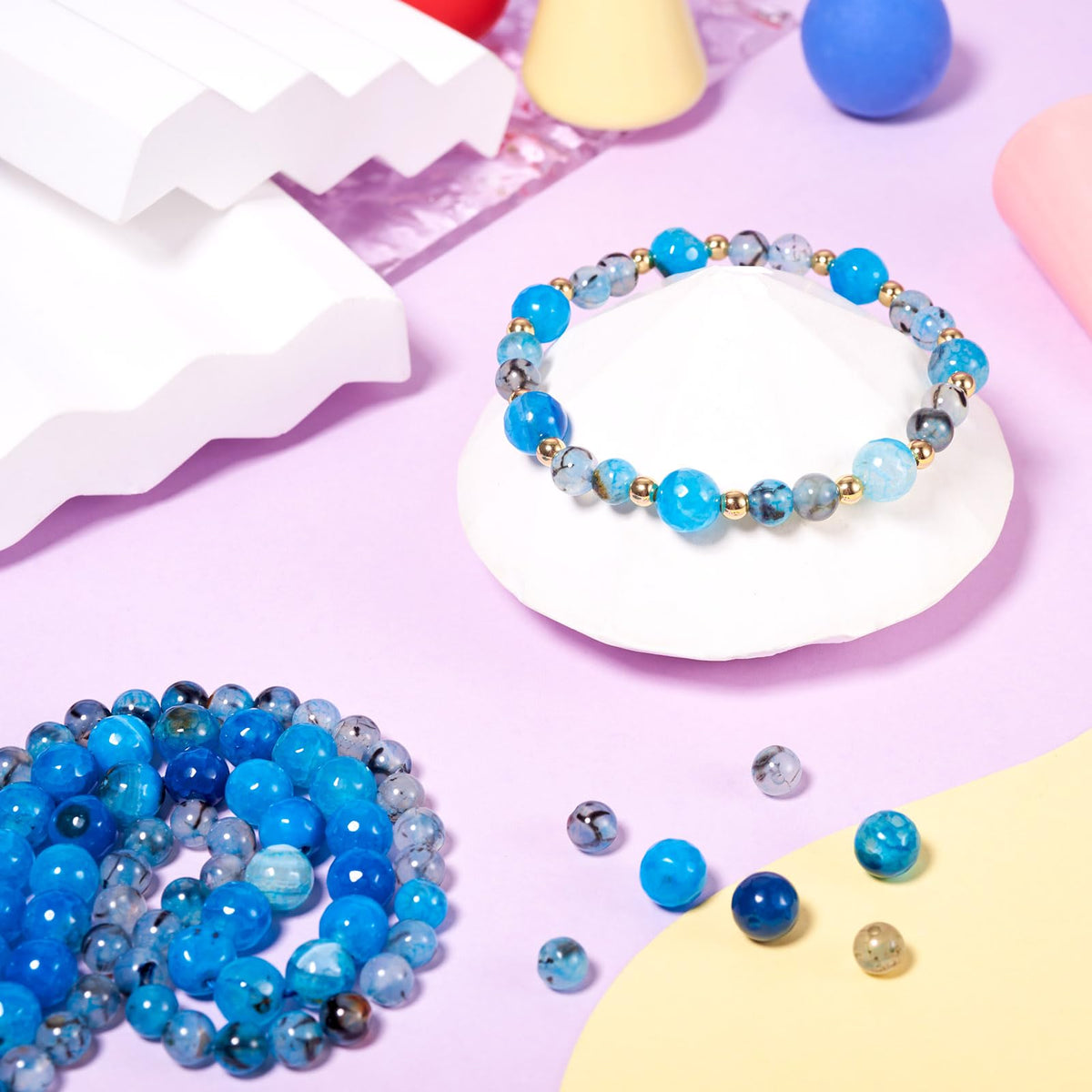 Beadthoven 110pcs Natural Dragon Veins Agate Beads 6mm 8mm Blue Round Stone Beads Smooth Natural Healing Crystals Gemstone Spacers for DIY Jewelry Making Crafts Friendship Bracelets Necklace