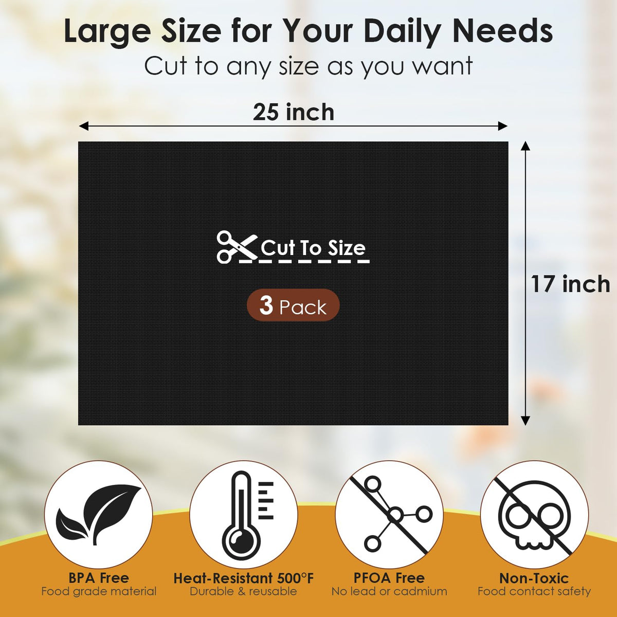 HOTEC 3 Pack Heavy Duty Oven Liners for Bottom of Oven, 17"x25" Large Heat Resistant 500°F Non-Stick Oven Mats, BPA & PFOA Free Dishwasher Safe, Compatible with Electric/Gas/Toaster Ovens & Grill