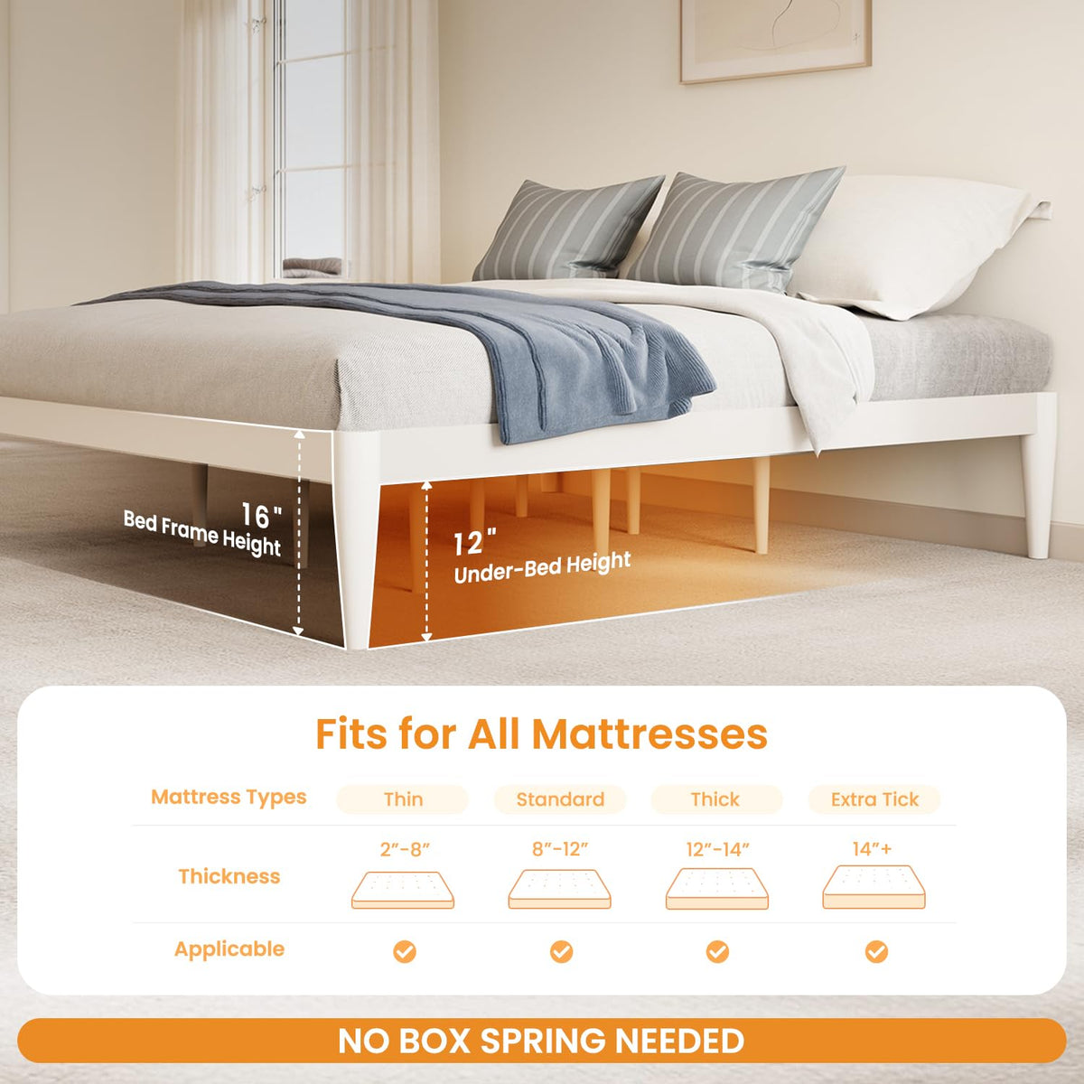 IOTXY Full Platform Bed Frame - Solid Wood 16-Inch Height Mattress Foundation Base with Densely Slats and Heavy-Duty Support Legs, No Box Spring Needed, White