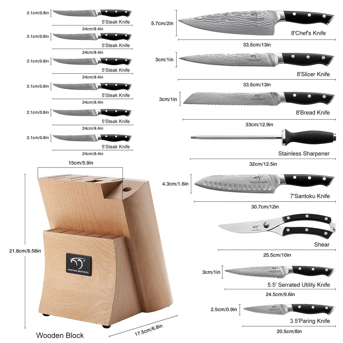 NANFANG BROTHERS 15-Piece Damascus Kitchen Knife Sets with Japanese 67-Layer Damascus Steel, ABS Ergonomic Handle for Chef Knife Set, Ultra Sharp Knife Set with Sharpener, Beechwood Block