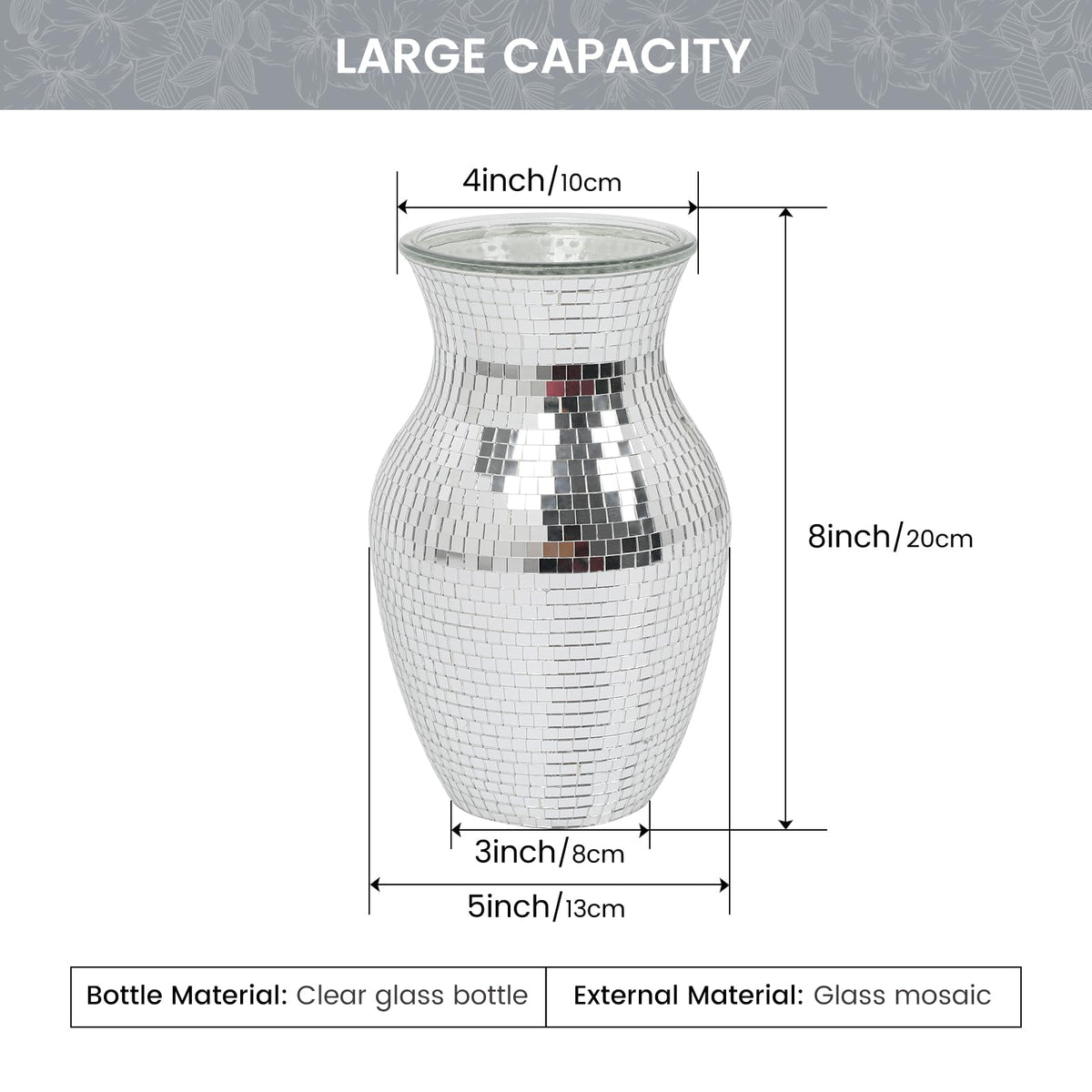 Adedeo Mosaic Glass Flower Vase for Home Decor, Handmade Glass Mosaic Vases for Living Room, Kitchen, Wedding, Office (Silver Mirror, 5 * 8 Inch)