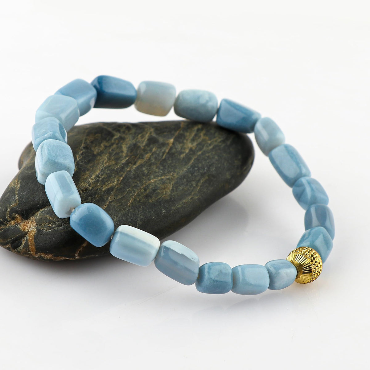 CRYSTALIS Blue Opal Elastic Stretch Bracelet, Natural Beads, Chakra Healing Jewelry for Men & Women, Adjustable Bracelet, Everyday Wear, Gift Giving Bracelet, 7.25 to 7.50 inch