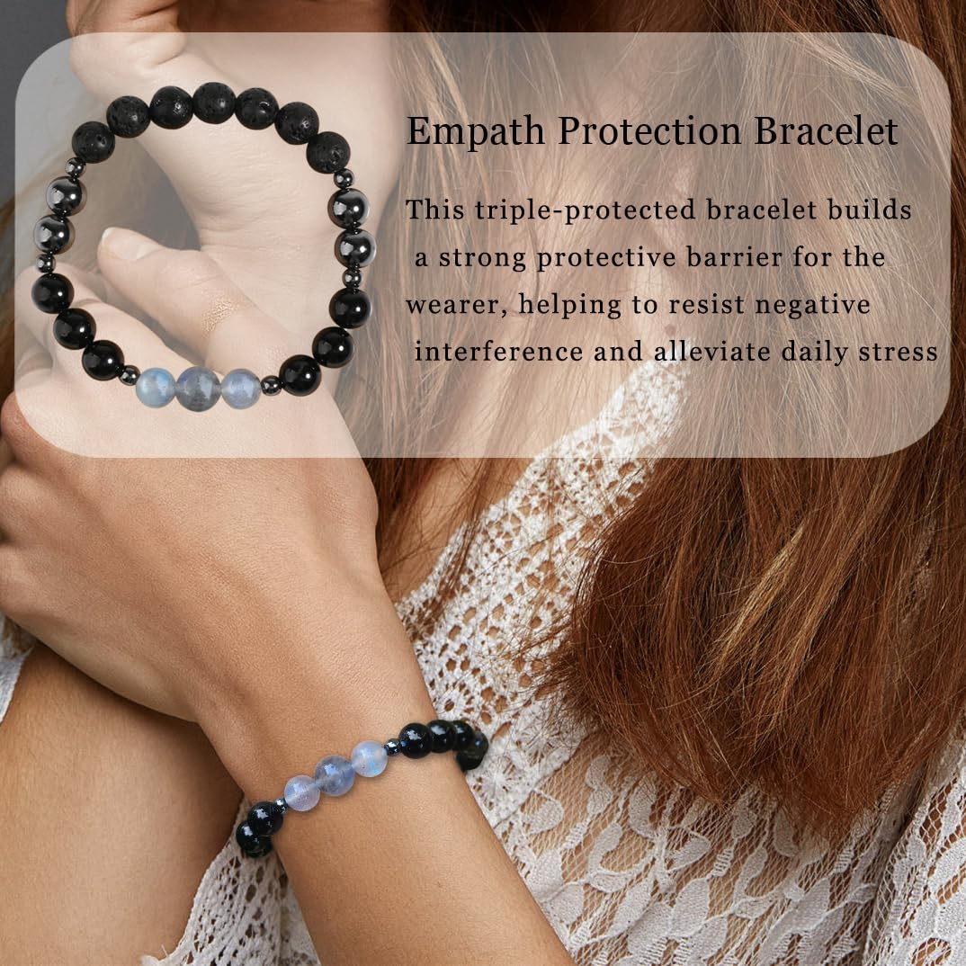 DLYFNVEV Empath Triple Protection Bracelet Black Tourmaline Hematite Moonstone Anxiety Relief Grounding Lava Rock Healing Crystal Black Beaded Balance Energy Jewelry Gifts