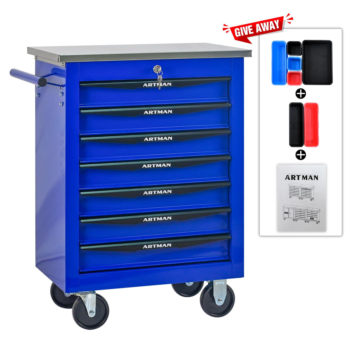 KEIKI 7 Drawers Tool Cart on Wheels,Multifunctional Rolling Tool Chest Tool Storage,Drawers Rolling Tool Trolley Organizer Tool Case for Garage, Warehouse, Workshop, Repair Shop (Blue)