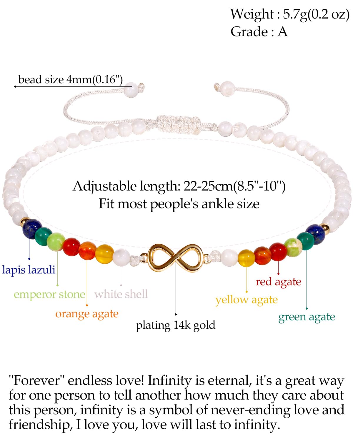 Jewever 7 Chakra/Shell Beaded Anklet Adjustable Handmade Natural Healing Crystals Infinity Charm Ankle Bracelets for Women Gemstones Summer Beach Anxiety Yoga Jewelry