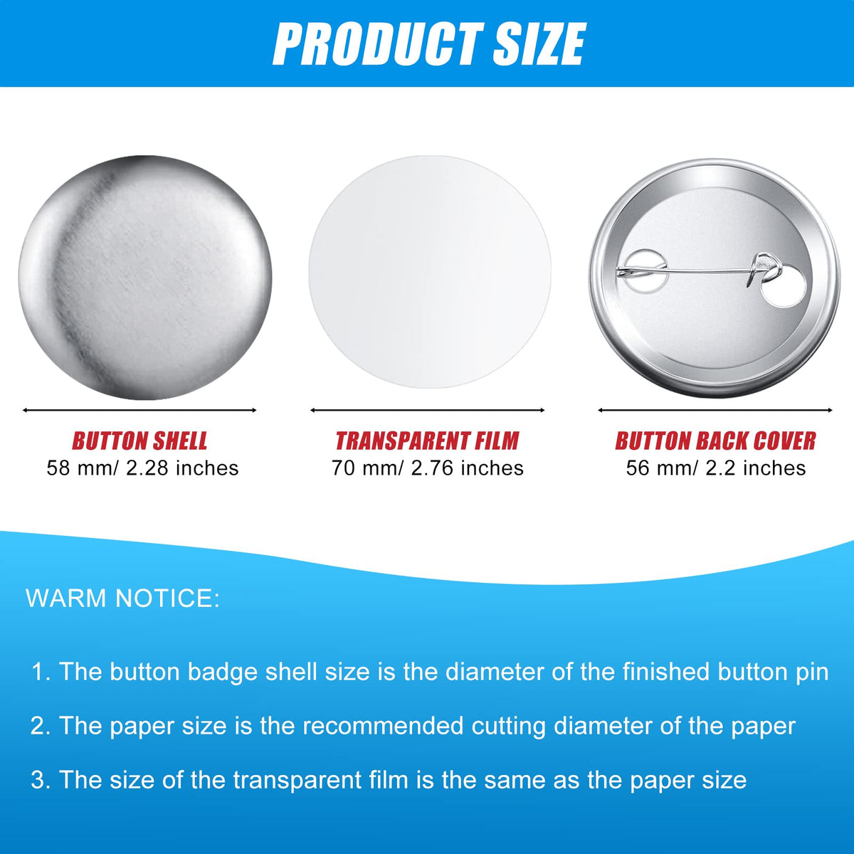 300 Pieces Blank Button Making Supplies Round Badge Parts Metal Pin Badge Kit for Button Maker Machine, Including Metal Shells Back Cover and Clear Film(2.28 Inch,Silver)