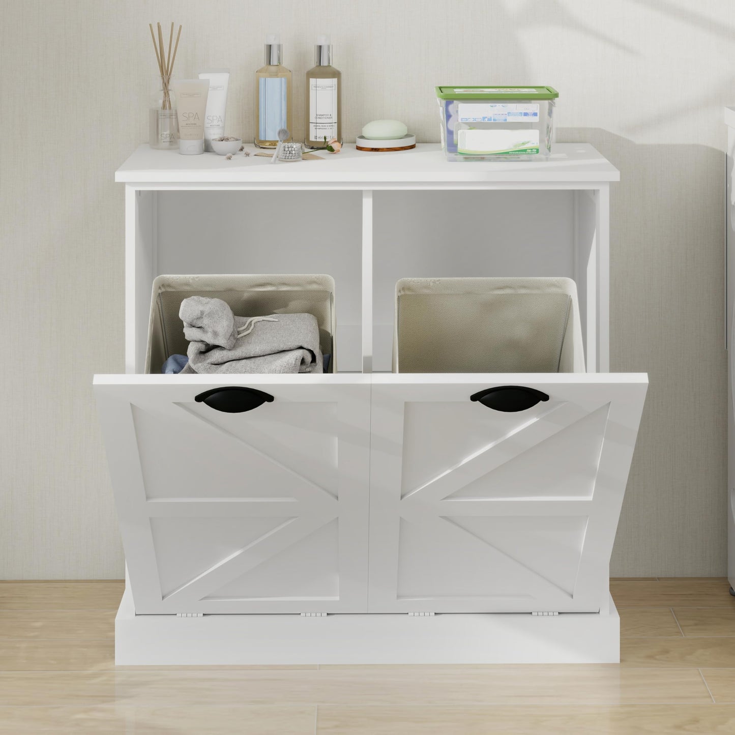 Two Compartment Tilt Out Laundry Sorter Cabinet White