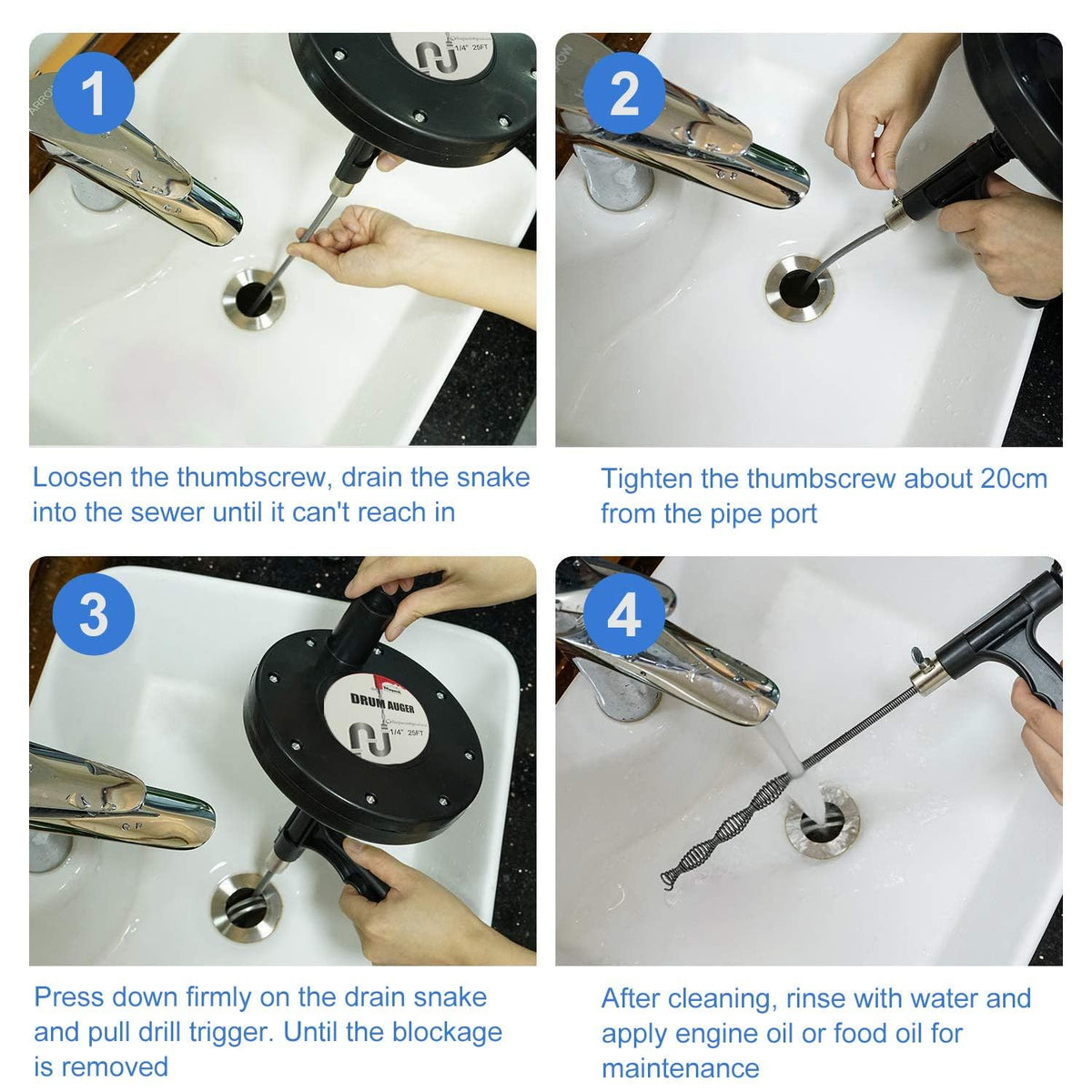 FLSEPAMB Drain Auger 25 Ft Plumbing Snake Snake Drain Clog Remove Tool Professional Sink Snake for Bathtub Drain, Kitchen Sink, Comes with Gloves and 25 Inch Snake Hair Clog Remover