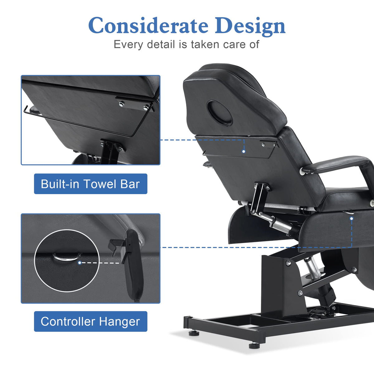 BarberPub Fully Electric Facial Bed with 3 Motor for Esthetician, Electric Tattoo Chair for Client, Facial Bed for Esthetician, Electric Adjustment 2751 (Black, Height (Flat): 24"–33")