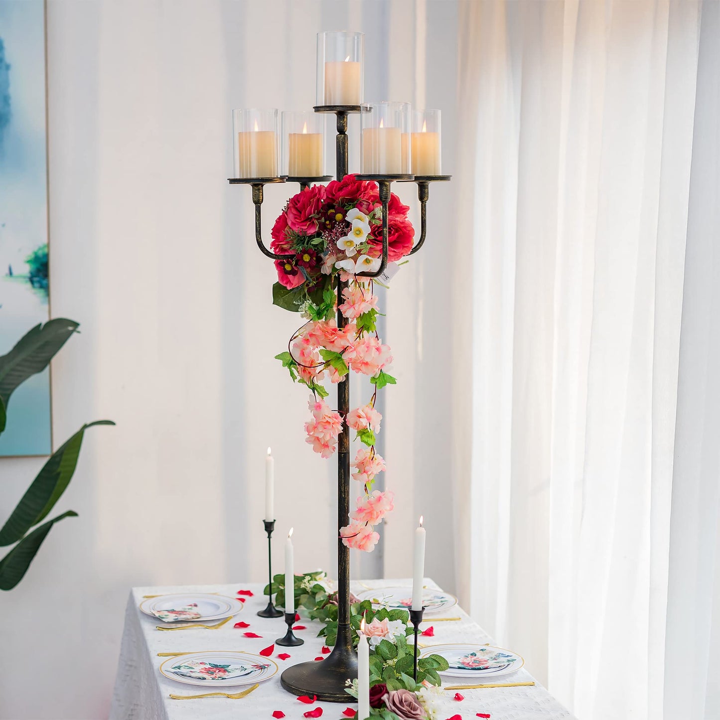 Sziqiqi Black Floor Candelabra Centerpiece 5-arm 48inch Tall Candle Holders for Candlesitcks Taper Pillar Candles Metal Floral Centerpieces Stand Halloween Wedding Party Event Decoration