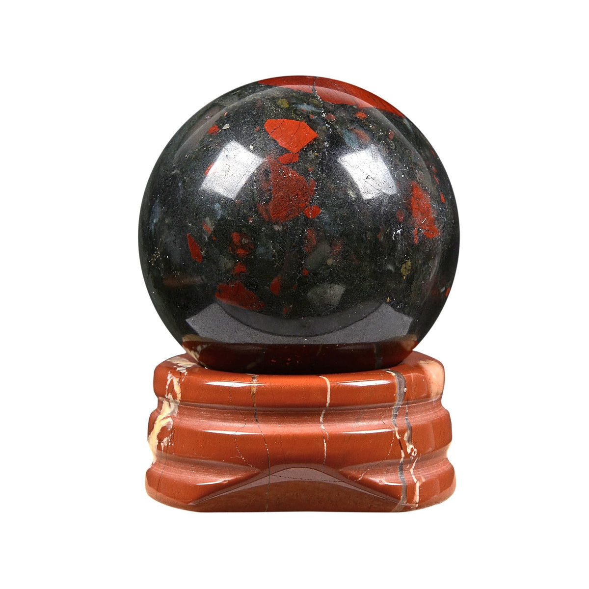 Natural Polished African Bloodstone Sphere with Red Jasper Stand – Handcrafted Gemstone 30mm Ball for Energy Healing, Meditation, and Home Décor
