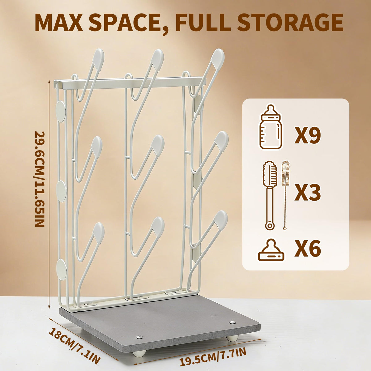 Taozun Bottle Drying Rack with 9 Hooks, Quick-Dry Diatomite Base with Stainless Steel Cup Stand, Vertical Space Saving Countertop Baby Organizer