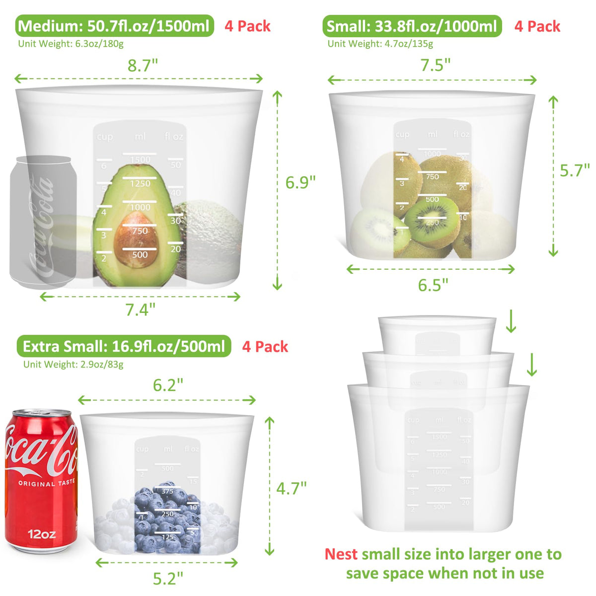 Reusable Storage Bag, 12 Pack 100% Silicone Food Storage Bags Stand Up Silicone Zip Lock Bags for Food Container, Freezer Microwave Oven Dishwasher Safe, 4 Medium 4 Small 4 Extra Small, Translucent