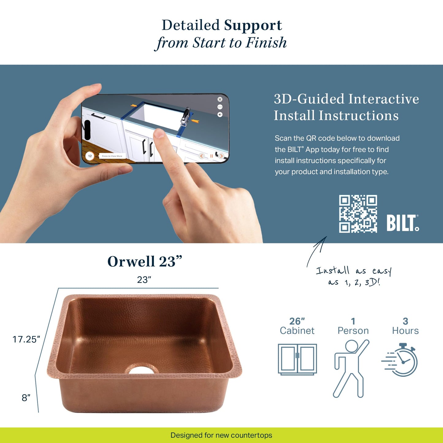 Sinkology Orwell 23-Inch Handcrafted Copper Undermount Kitchen Sink - Single Bowl Deep Sink with Sound Dampening, Complete Kit with Bottom Grid, Dual Drains and CareIQ, Fits 26-Inch Cabinet