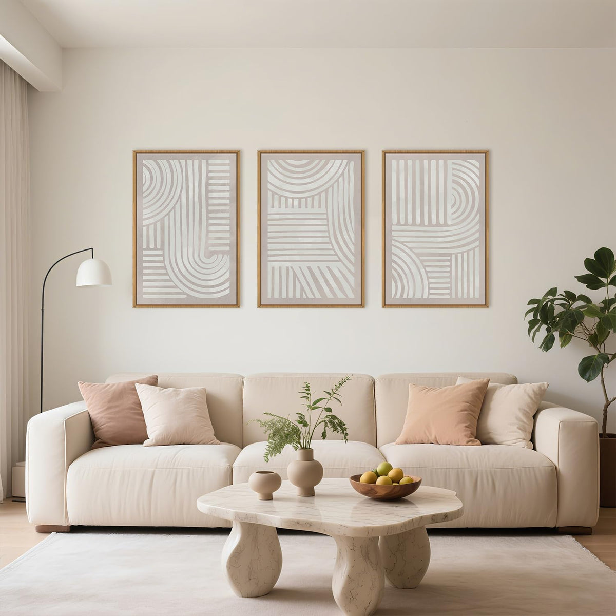 Aryroi Large Abstract Neutral Geometric Framed Canvas Wall Art,Boho Minimalist Shapes Wall Decor,Modern Lines Artwork,Mid Century Arch Art Print for Living Room,Bedroom,Office- 16"x24"x3