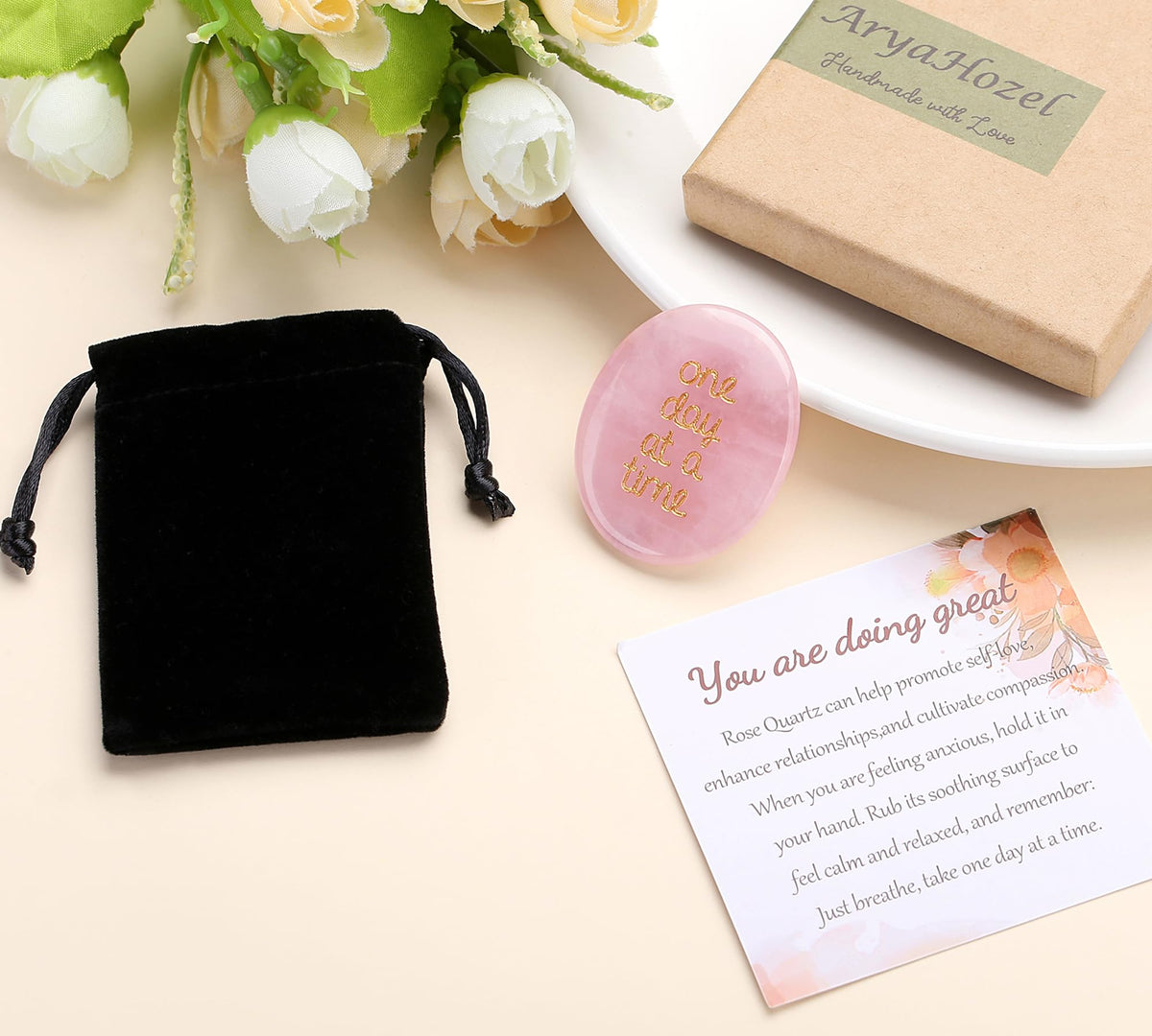 QINJIEJIE One Day at A Time Rose Quartz Worry Stone Healing Crystal Thumb Stones Thinking of You Gifts for Anxiety Relief Items You Got This Valentine's Day Gifts for My Love Gifts for Women