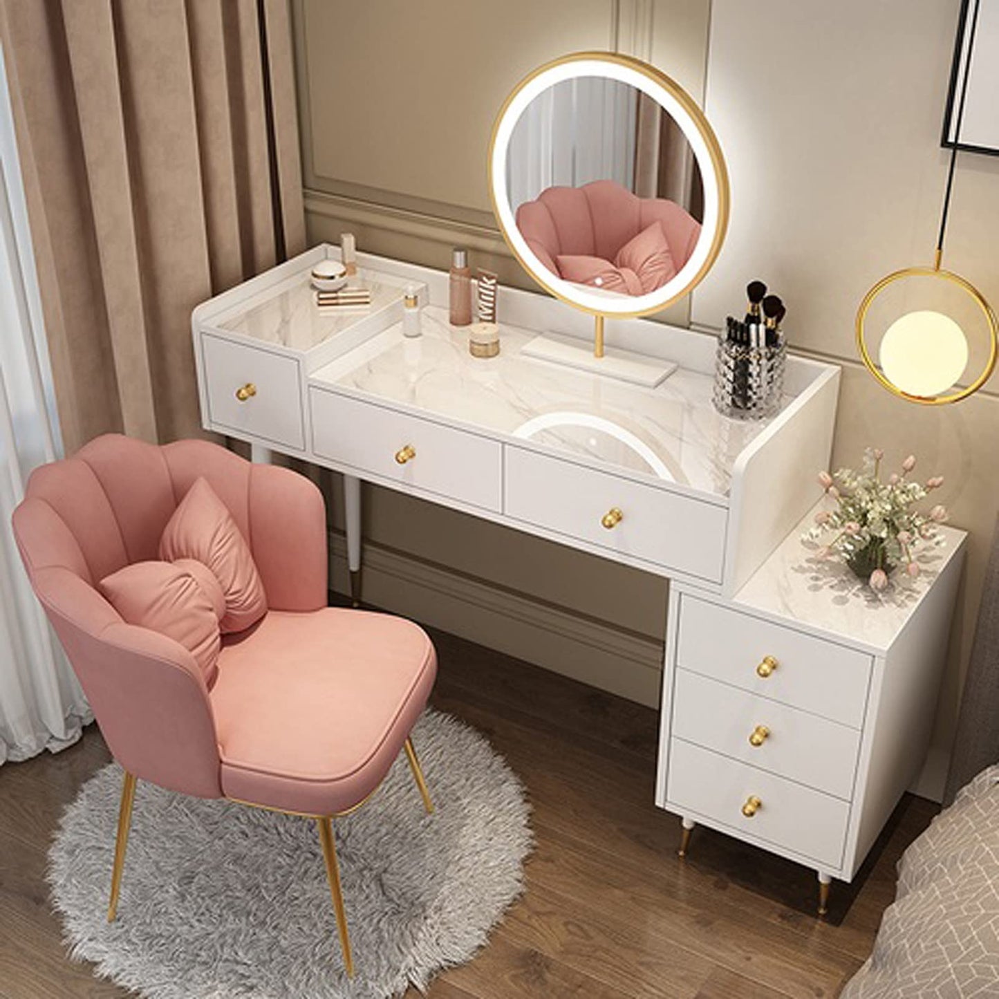TOMYEUS Makeup Table Luxury Dressing Table Bedroom Modern Makeup Desk Storage Shelf Organizer Apartment Cabinet，Not Including Stool， White Vanity Desk