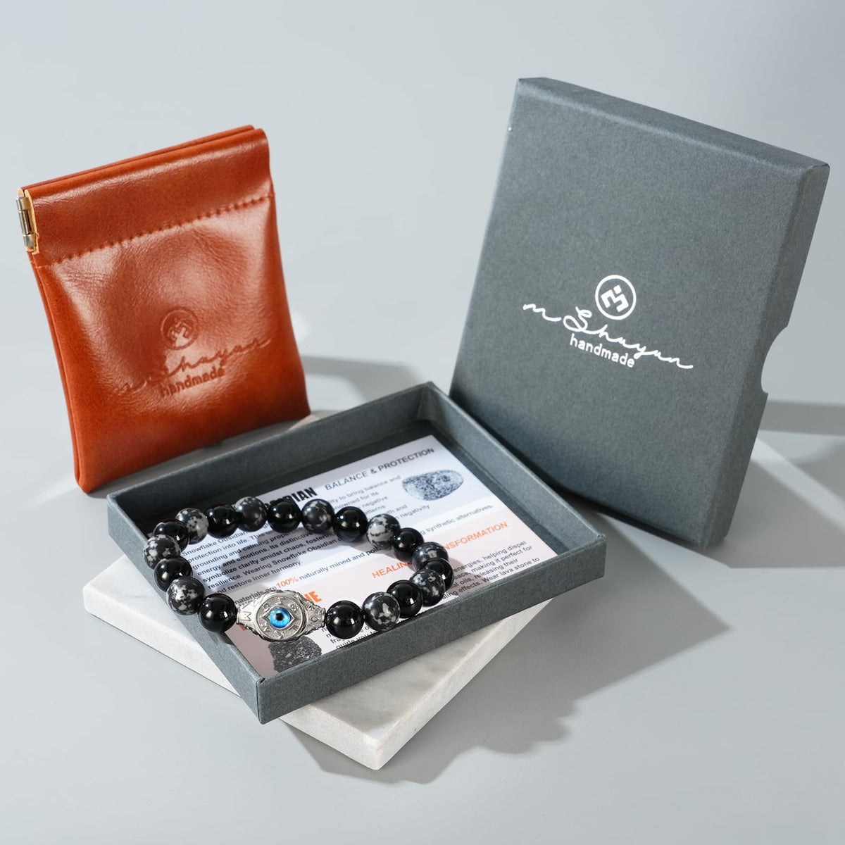 Men's Evil Eye Bracelet, 10mm Beaded Bracelet with Natural Gemstones, Adjustable Elastic Design, Gift for Anniversary, Christmas and Thanksgiving, Silver Obsidian/Tiger Eye/Hematite/Snowflake Obsidian/Black Agate