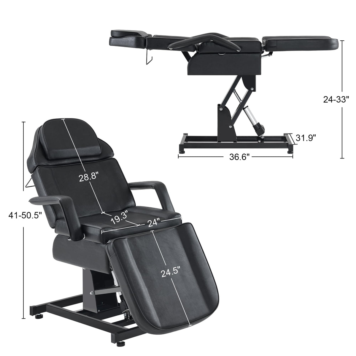 BarberPub Fully Electric Facial Bed with 3 Motor for Esthetician, Electric Tattoo Chair for Client, Facial Bed for Esthetician, Electric Adjustment 2751 (Black, Height (Flat): 24"–33")