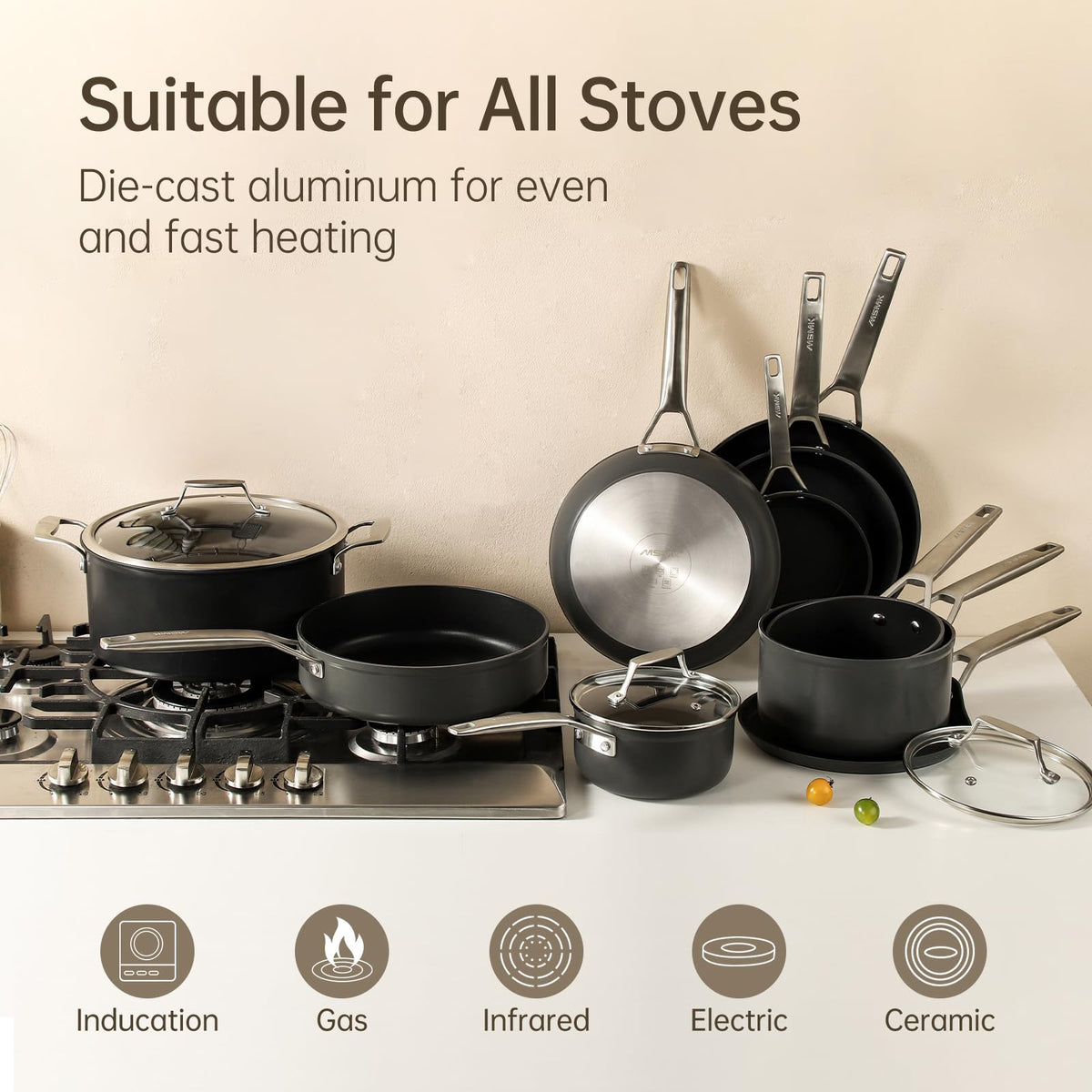 MsMk 8 inch Small Frying Pan with Lid, Burnt also Non stick Omelette pan, PFOA Free Non-Toxic, Scratch-resistant, for gas, electric and induction