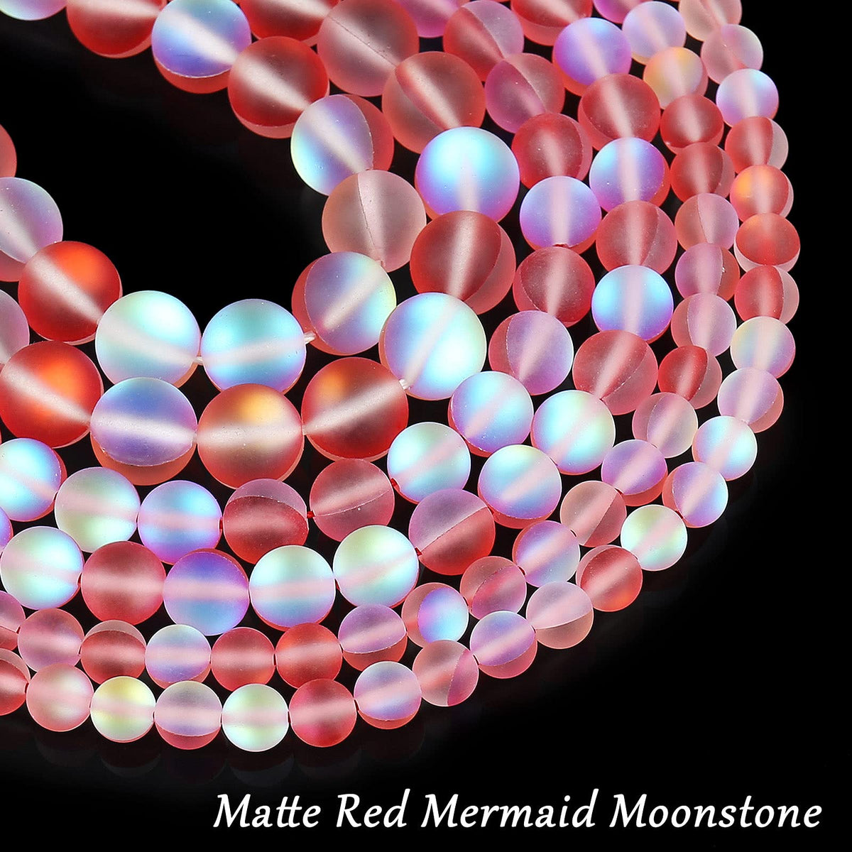 Matte Red Aurora Crystal Glass Beads, 10MM Frosted Glitter Shining Mermaid Round Loose Beads, Rainbow Holographic Synthetic Moonstone for Jewelry Making DIY Bracelet