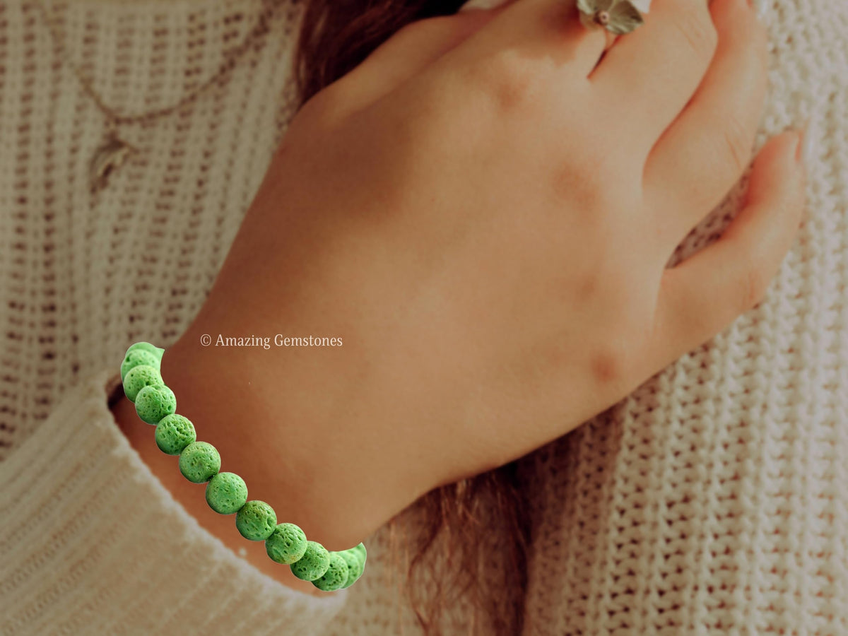 Amazing Gemstone Green Lava Bracelet, Gifts For Men & Women - Protection Healing Crystal Bracelet - 8mm Gemstone Beaded Adjustable Bracelet, Pulseras Para Hombres Mujer Stocking Stuffers