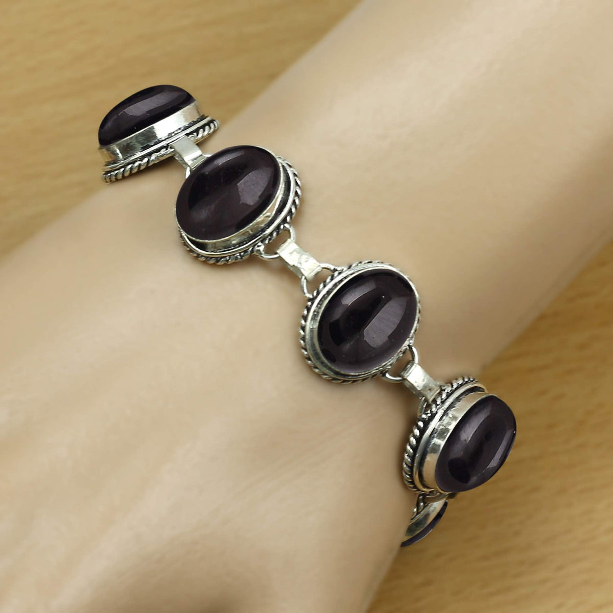 Natural Black Onyx Silver Plated Handmade Link Bracelet for Women - July Birthstone Oval Gemstone Adjustable Bracelet Vintage Style Jewelry - Wedding Christmas Gifts for Her