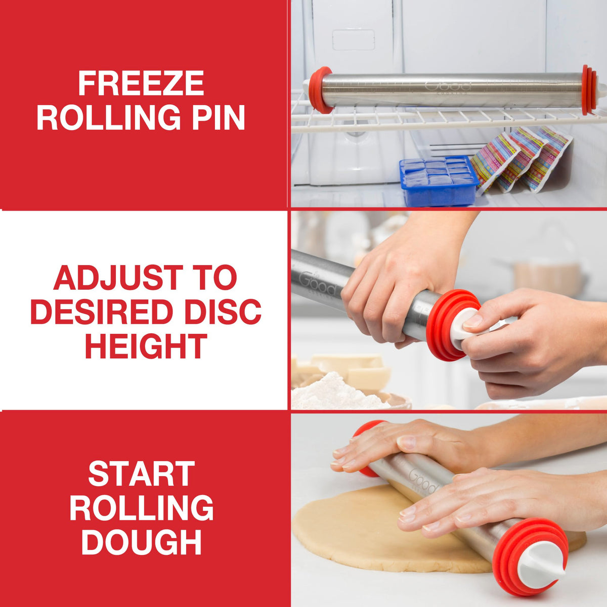 Adjustable XL Pastry Rolling Pin w/ 3 Spacer Rings- Adjust Dough Height for Consistent Thickeness- Heavy Duty NonStick Stainless Steel French Roller 17" Barrel- Bake Easter Cookies, Bread, & Pasta