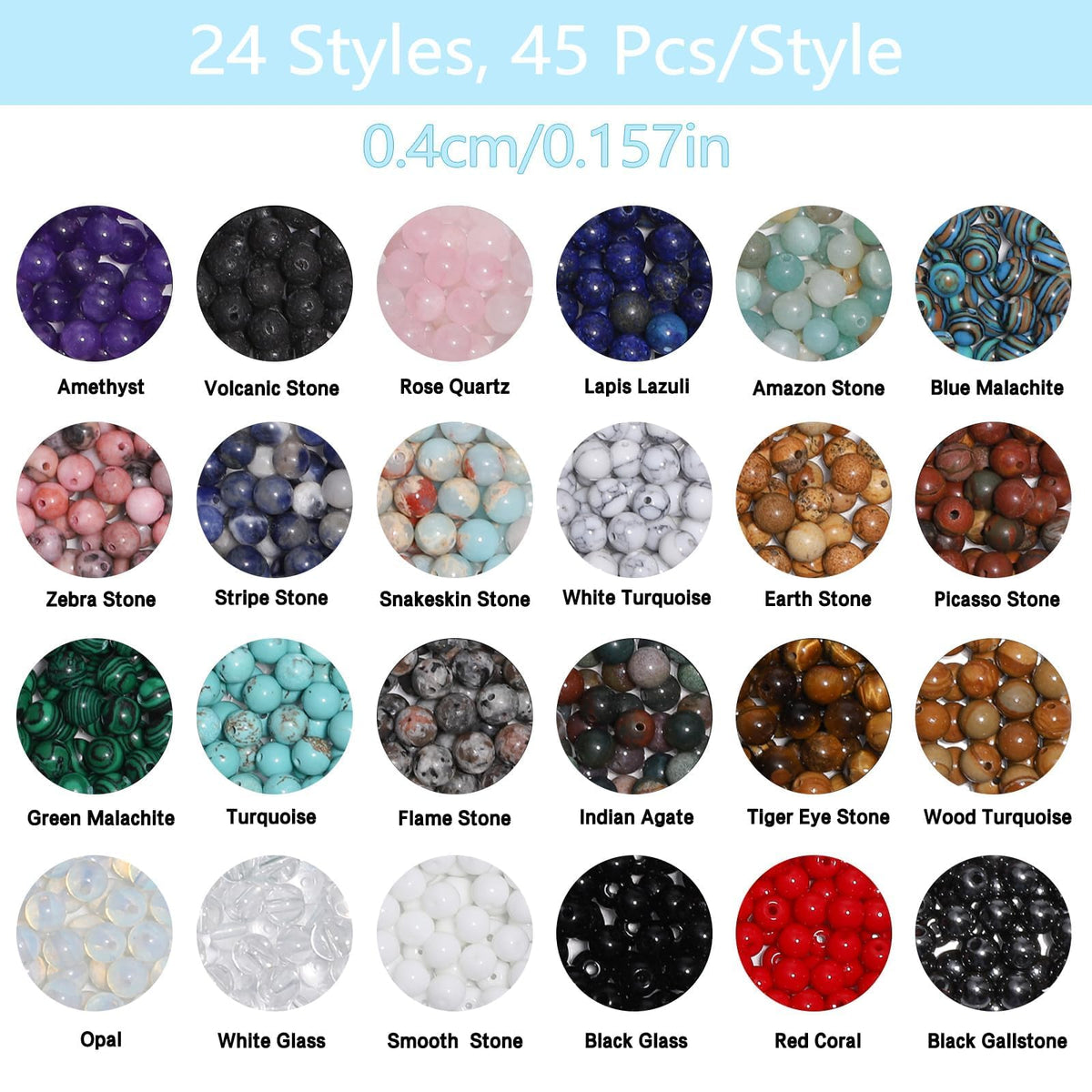 1080pcs 4mm Natural Round Stone Beads Gemstone Crystal Loose Beads Smooth Bead for Bracelet Necklace Earring Jewelry Making Kit