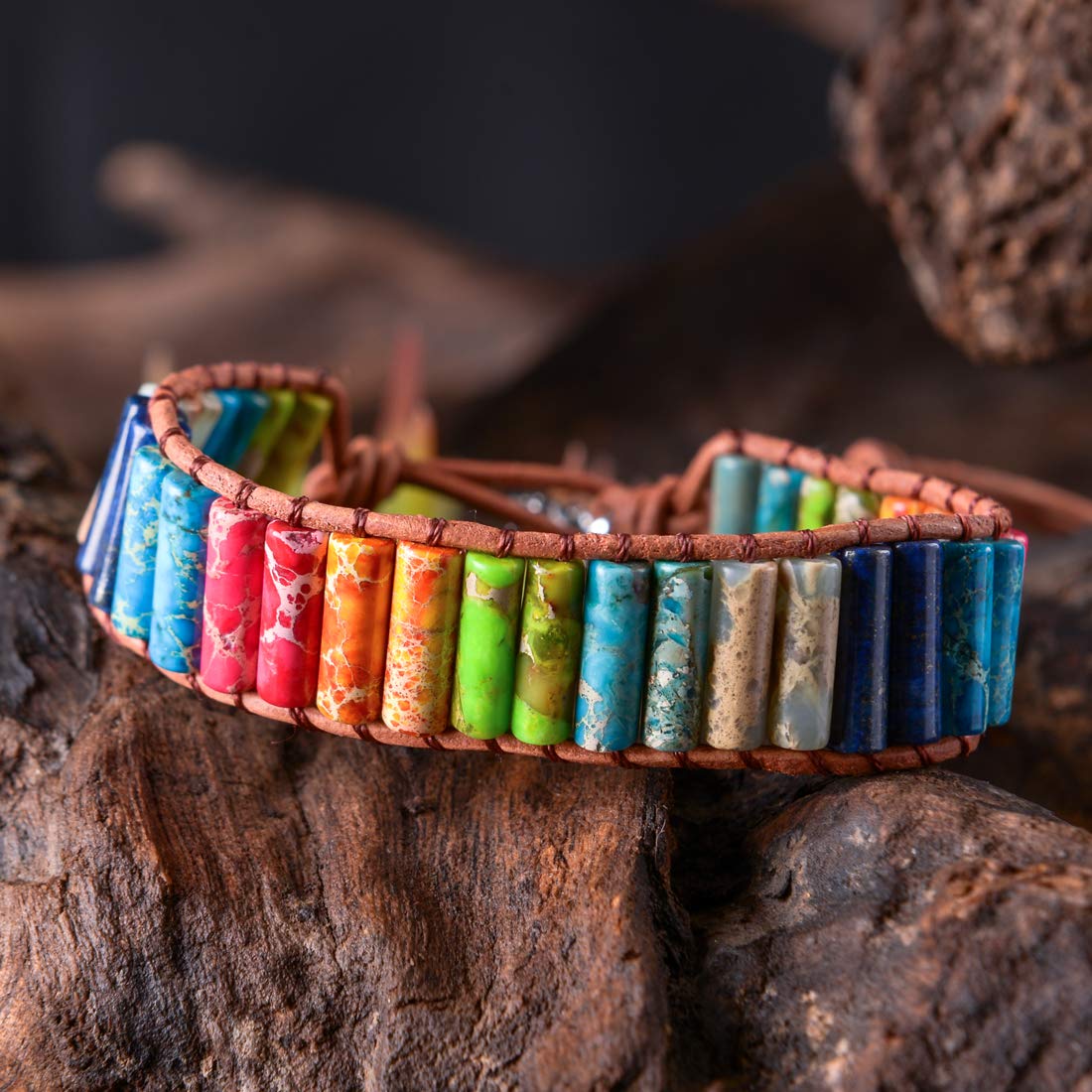 YGLINE Chakra Handmade Leather Wrap Bracelet Imperial Jasper Wrap Adjustable Bead Bracelet