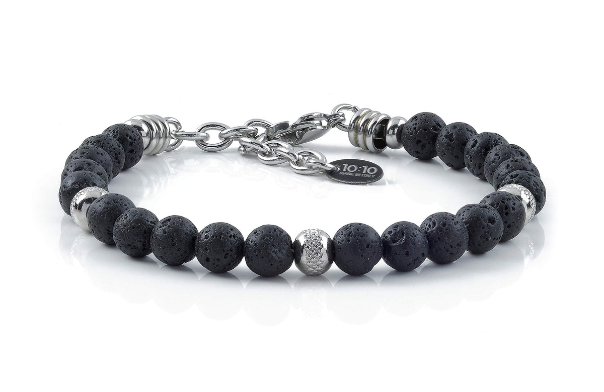 10:10 Lava Stone Bracelet for Men & Women – Natural Beaded Gemstones, Stainless Steel, Adjustable Stretch – Handmade in Italy