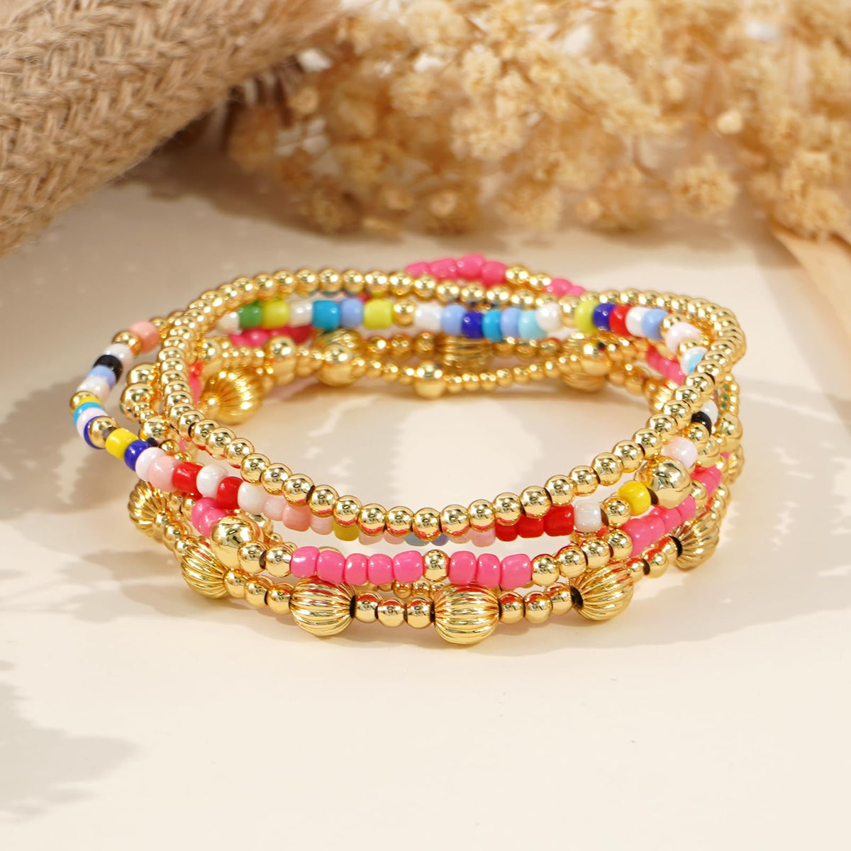 Dainty 14K Gold Plated Beaded Bracelet Stack for Women,Bohemian Stretch Colorful Beads Non Tarnish Stackable Bracelets Set Fashion Party Prom Accessories Jewelry Gift Friendship