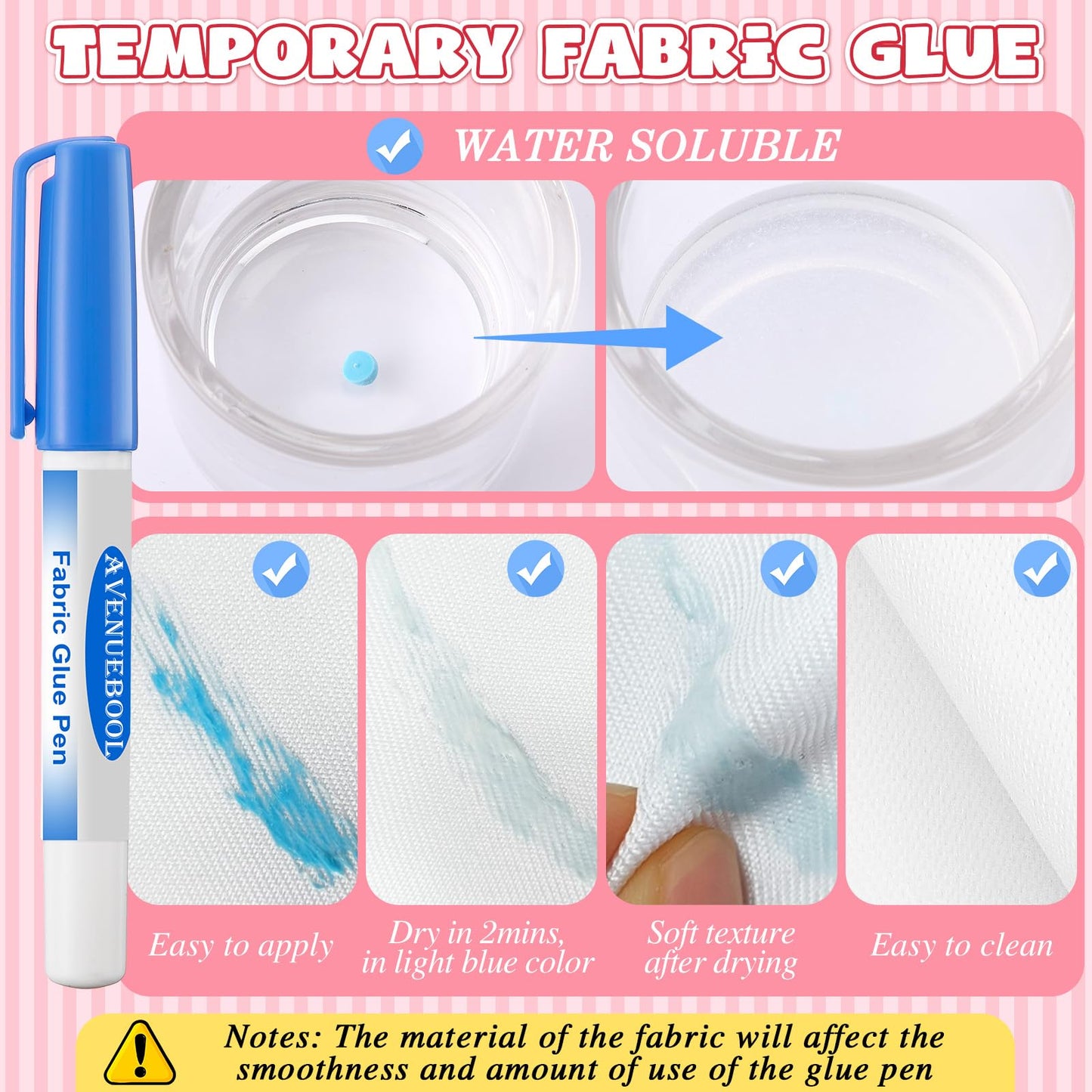 Avenuebool 2 Fabric Glue Pen with 4 Refill, Washable Temporary Fabric Sewing Adhesive, Temporary Blue Glue Stick for English Paper, Quilting, Piecing Patchwork Sewing