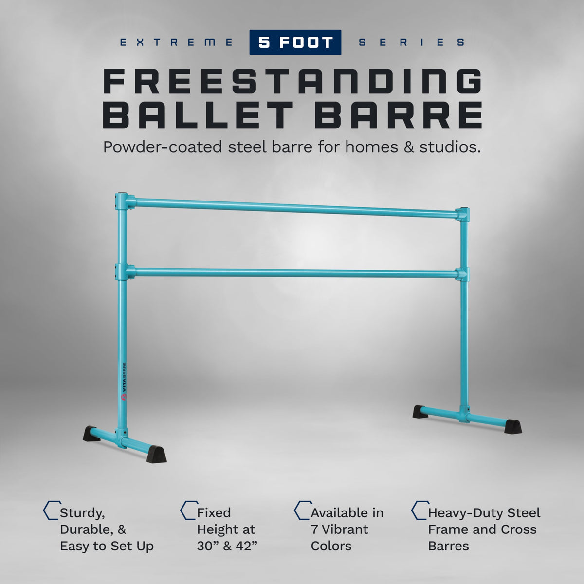 VITA Barre Portable Freestanding Double Ballet Barre, Prodigy, 6 Ft Bars, Teal | Adjustable Height, USA Made, Home or Gym Exercise Equipment for Kids & Adults | Dance, Fitness, Pilates