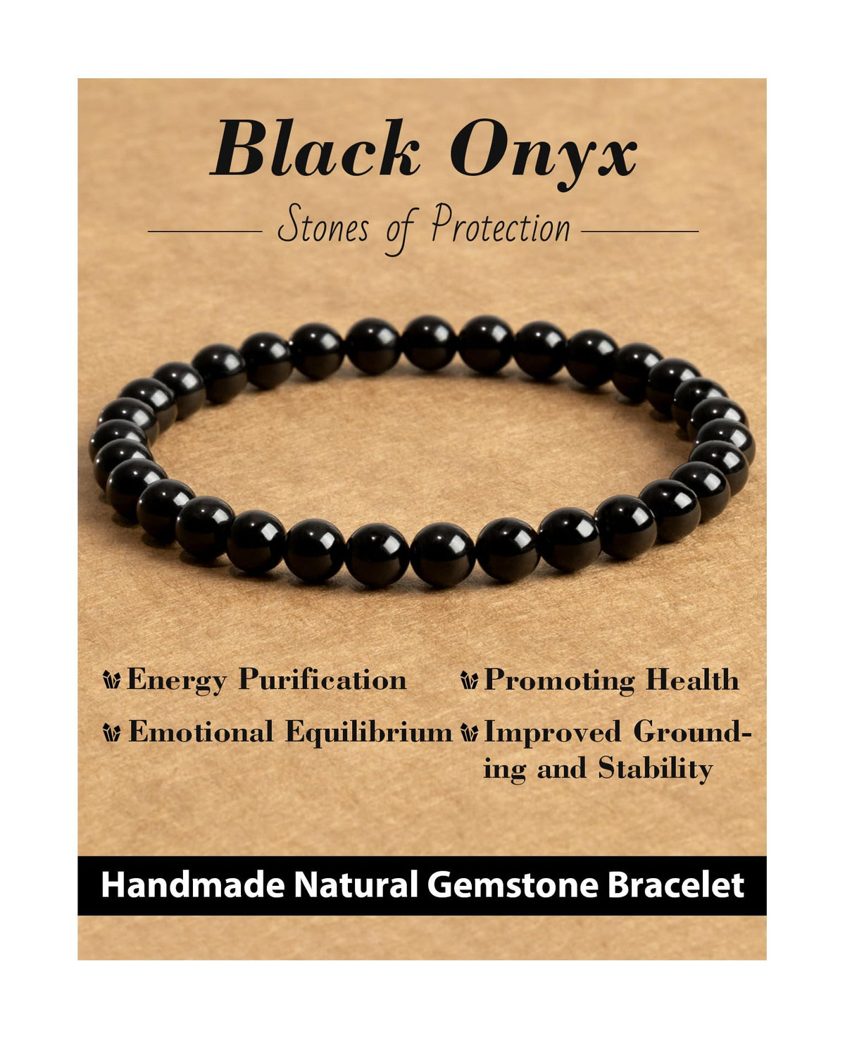 Landorilo Beaded Bracelet for Men Women, 6mm Natural Stone Black Onyx Healing Crystal Stretch Bracelets, Ideal Christmas Birthday Jewelry Gifts with Energy Card，Replacement Beads Included