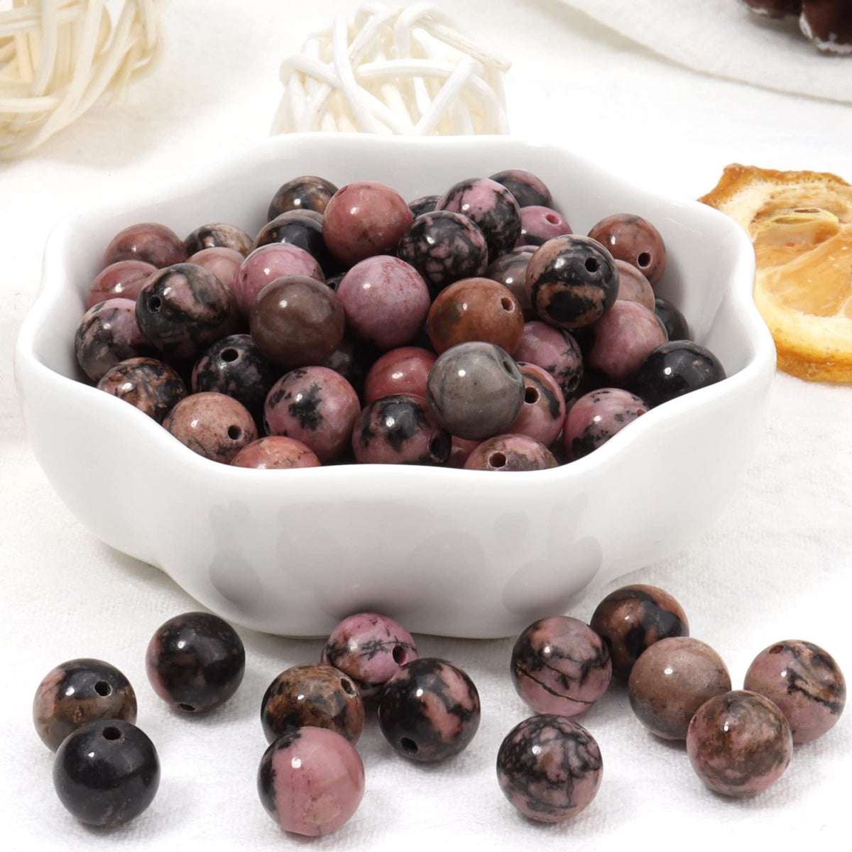 60pcs 6mm Natural Stone Beads Red Black Rhodonite Beads Energy Crystal Healing Power Gemstone for Jewelry Making, DIY Bracelet Necklace