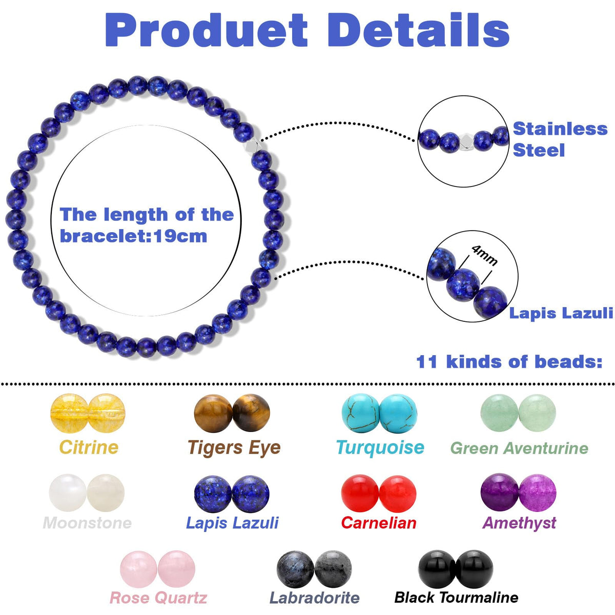 Raicegs 4MM Lapis Lazuli Bead Bracelets for Women Men Healing Crystal Bracelet Natural Stone Handmade Stretch Bracelet Reiki Spiritual Jewelry