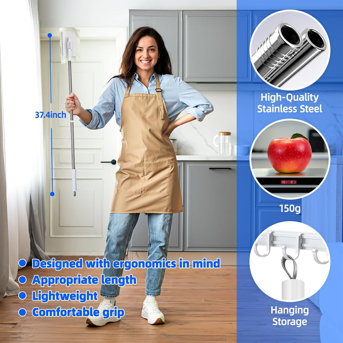 Press Grip Mini Mop, Zero-Touch Gap Dust Cleaner with 39in Lazy Mop & Hands-Free Lock Head, Disposable Dust Mop for House Wall Bathroom Toilet Corners Multi Surface Cleaning with 5 Cloths