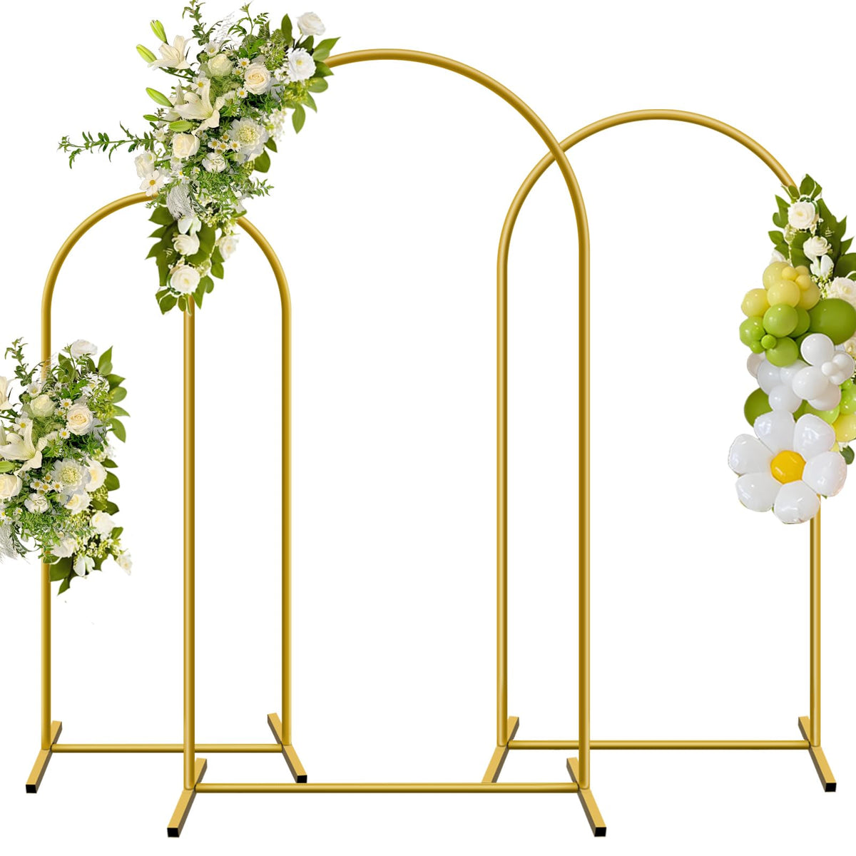 YAYOYA Metal Arch Backdrop Stand, Set of 3 (6/6.6/7.2 ft) Wedding Arched Frame with 12 Ground Nails, Stable Arched Background Stand for Wedding, Baby Shower, Birthday Party, Photography, Gold