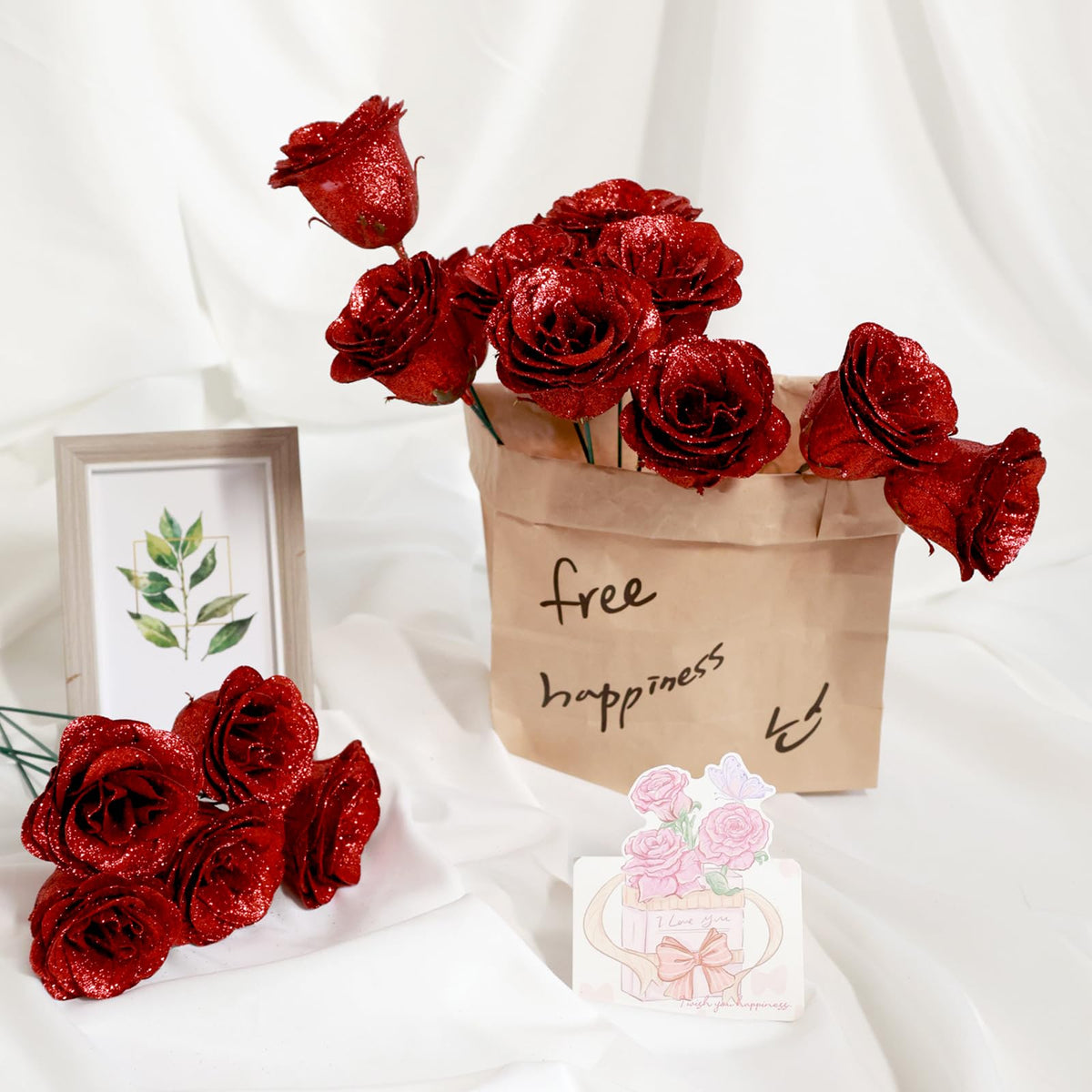 jabeick Glitter Roses Bouquet, Shiny Artificial Roses Flowers with Stems DIY Fake Glitter Flowers Bouquet for Valentines Mothers Day Graduation Birthday Anniversary, 24 Roses (Red)