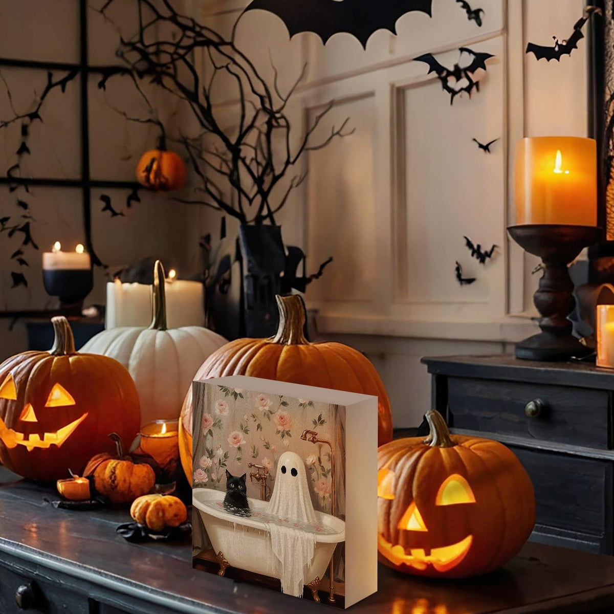 Mtrgdn Cute Halloween Decor,Halloween Decorations Indoor,Ghost with Black Cat Bathroom Decor Wooden Box Sign,Halloween Home Office Kitchen Bathroom Bedroom Desk Table Shelf Wall Decorations,5x5 Inch